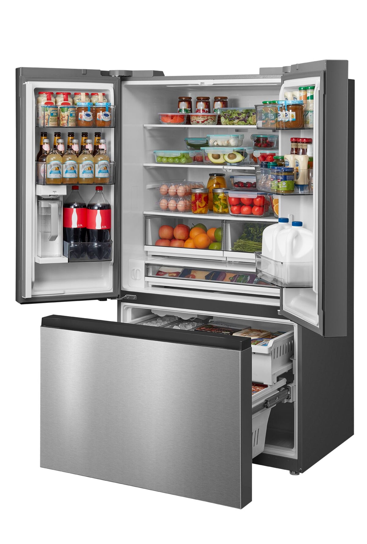 Open refrigerator stocked with groceries and extended bottom freezer storage