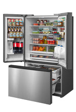 Open refrigerator stocked with groceries and extended bottom freezer storage