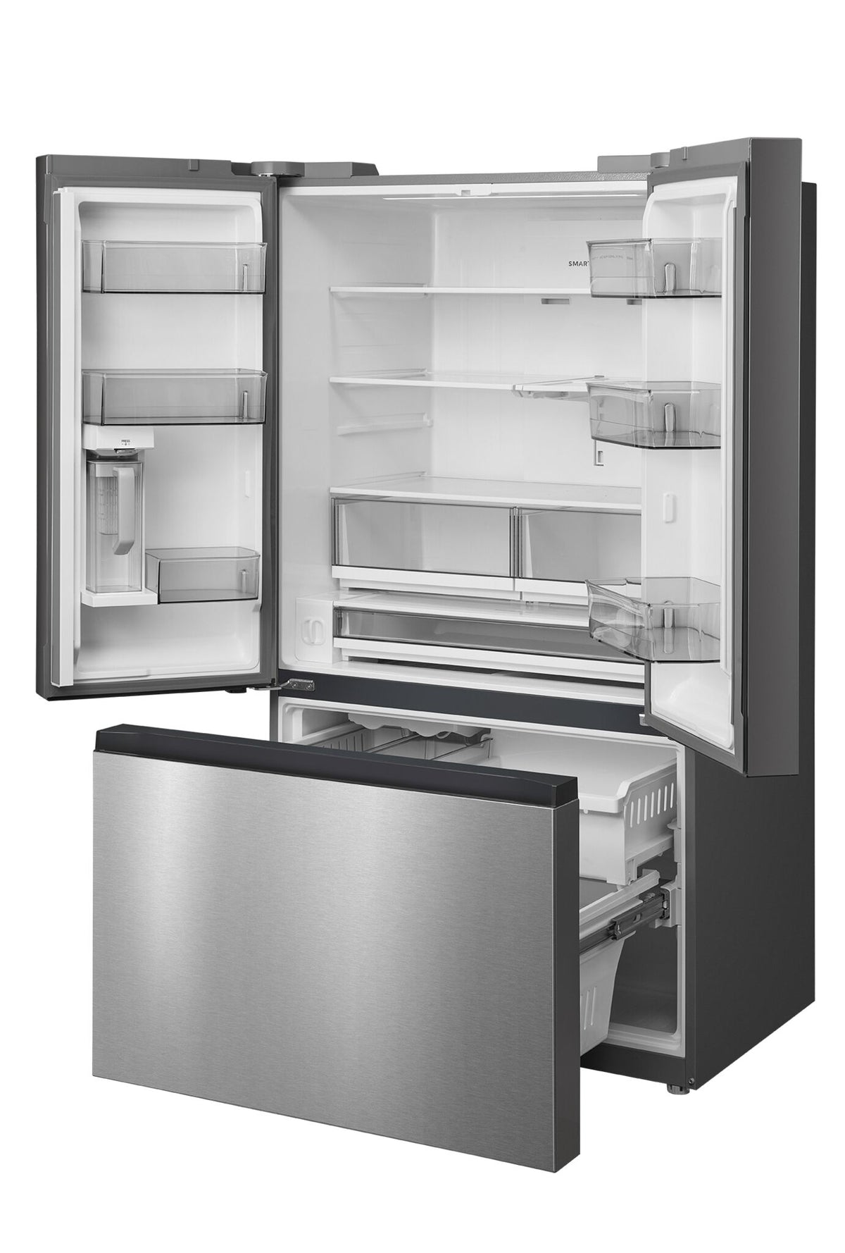 Angled open refrigerator with empty shelves, door bins and freezer drawers