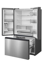 Angled open refrigerator with empty shelves, door bins and freezer drawers