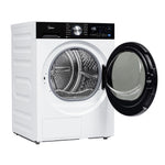 Open compact washer showing the stainless steel drum and black glass door
