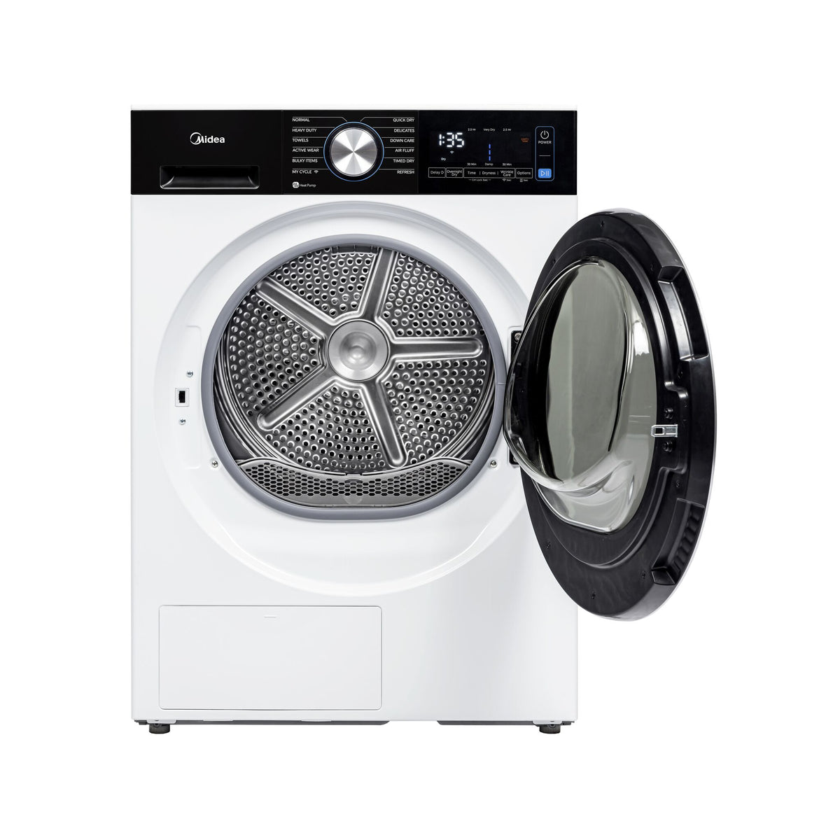 Front view with washer door open to reveal the stainless steel wash drum