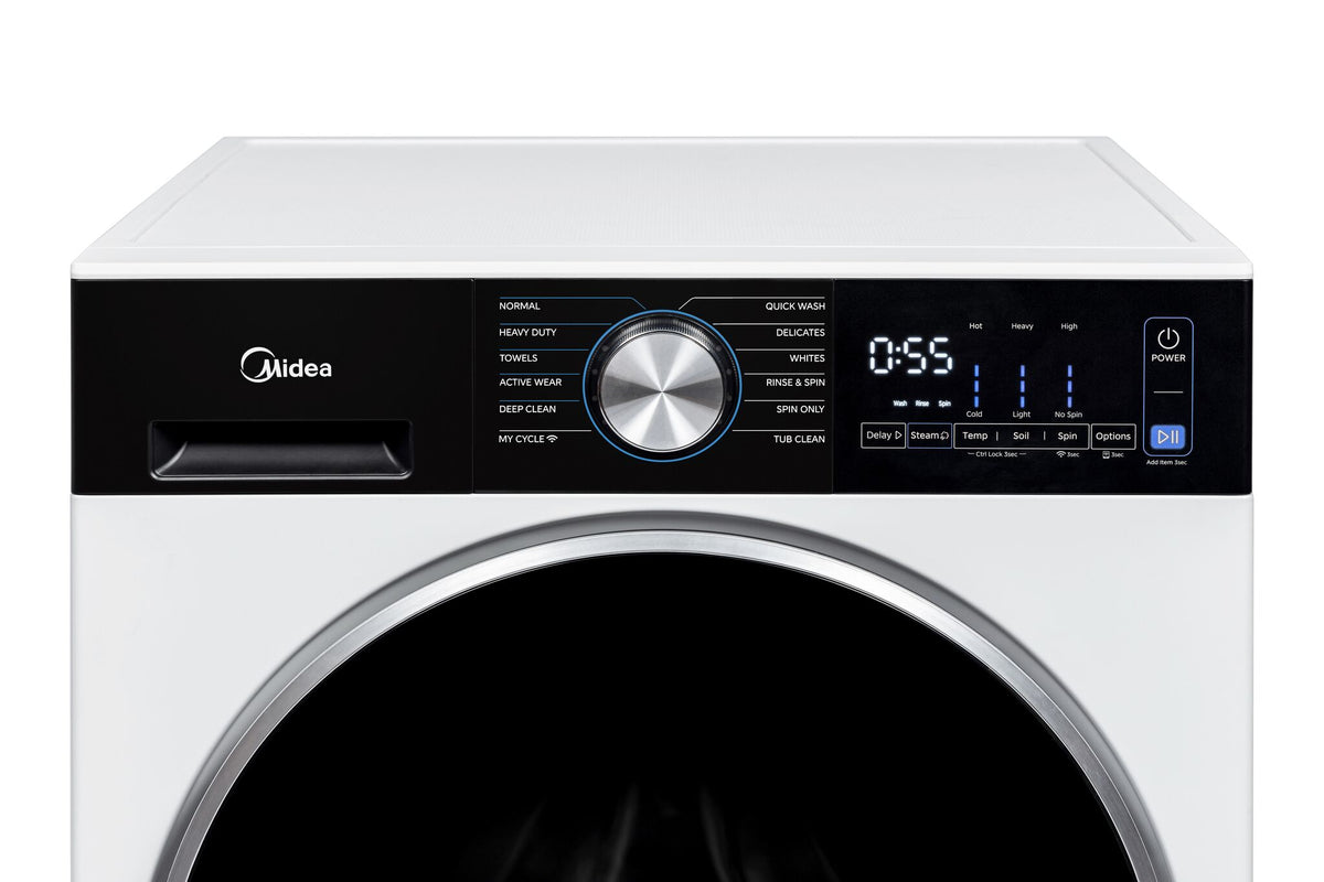 Close-up of the digital controls with cycle dial, wash settings and time display