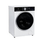 Angled view highlighting the 24-inch dryer, silver door trim and black controls