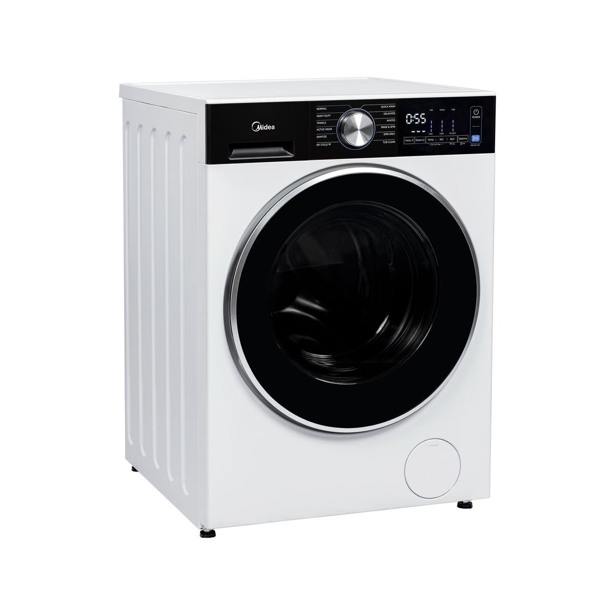 Angled view highlighting the 24-inch dryer, silver door trim and black controls