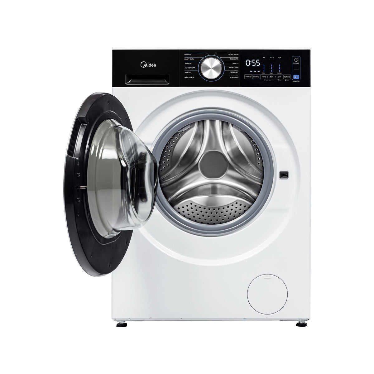 Open compact dryer showing the stainless steel drum and black glass door