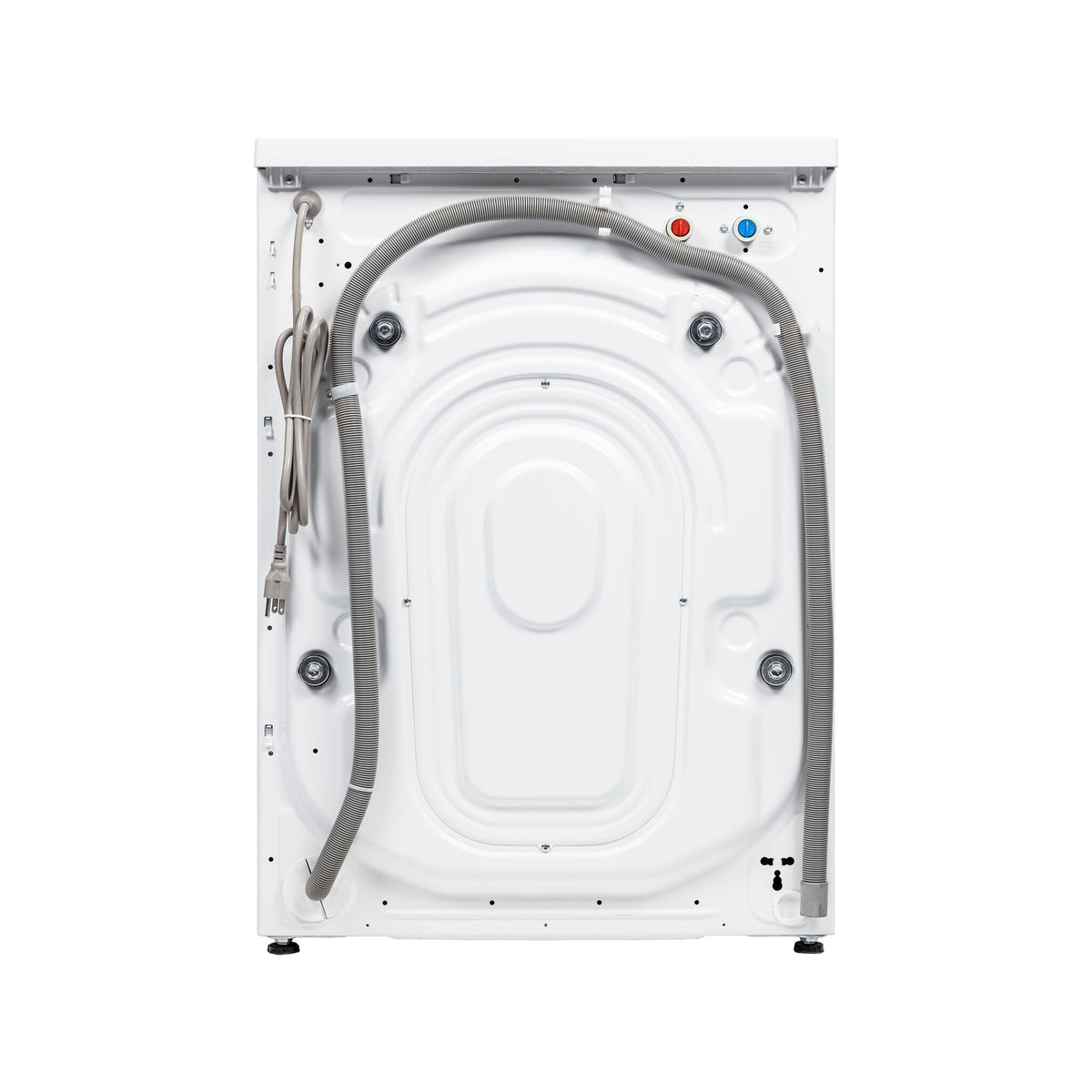Rear view of the white compact dryer showing hoses, power cord and back panel