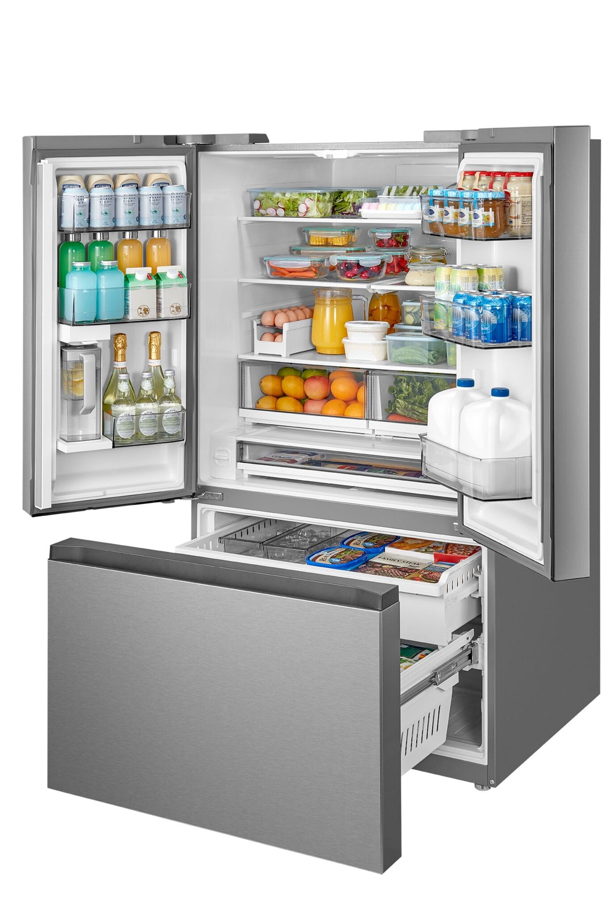 Stocked refrigerator and freezer with groceries arranged across shelves, bins and drawers