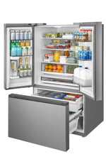 Stocked refrigerator and freezer with groceries arranged across shelves, bins and drawers