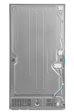 Rear view showing the refrigerator back panel, tubing and lower ventilation area