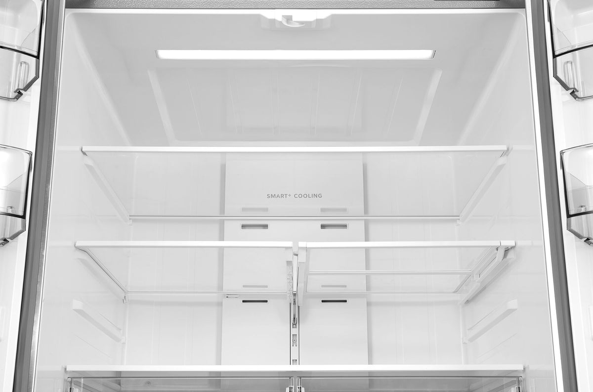 Adjustable split glass shelving beneath LED lighting and Smart+ Cooling panel