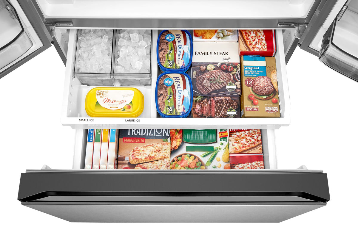 Bottom freezer stocked with frozen foods and separate small and large ice bins
