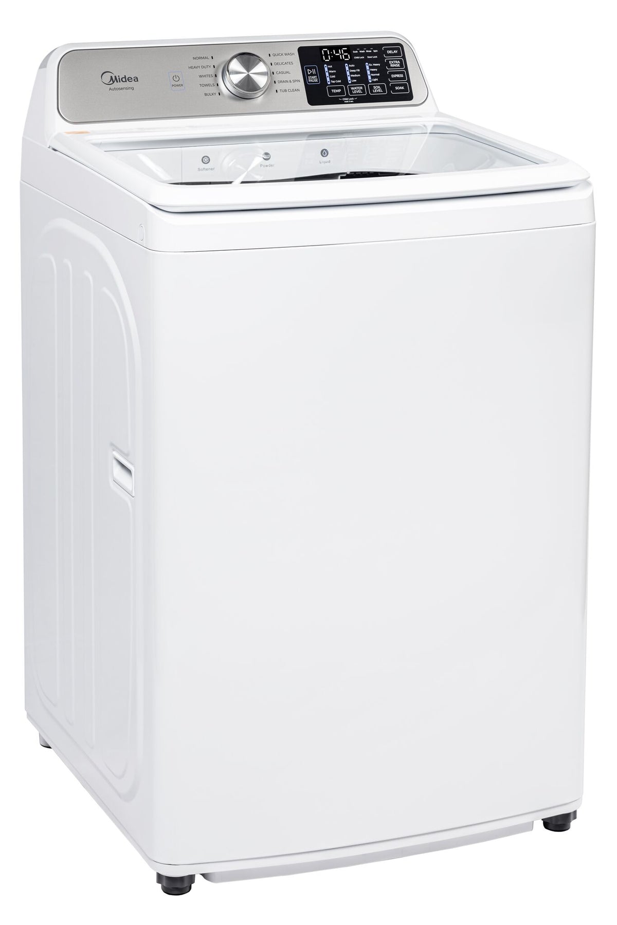 Angled view showing the white cabinet, transparent lid and rear control console