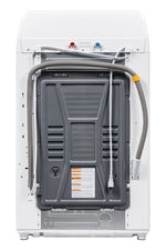 Rear view showing hot and cold water connections, drain hose and power cord