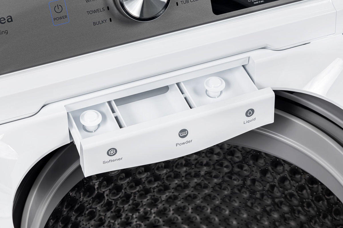 Detergent dispenser with separate softener, powder and liquid compartments