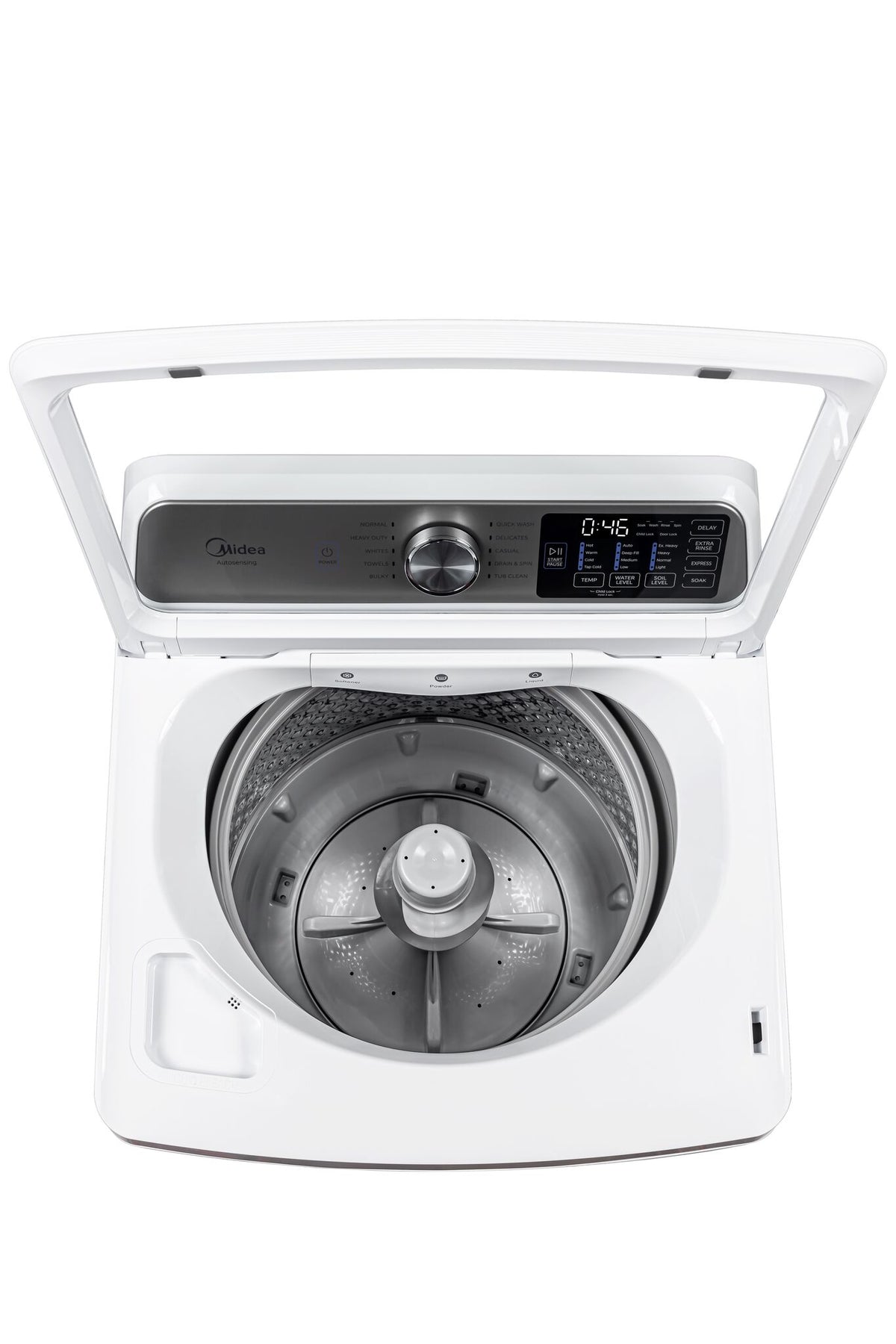 Open washer showing the stainless steel tub and central agitator