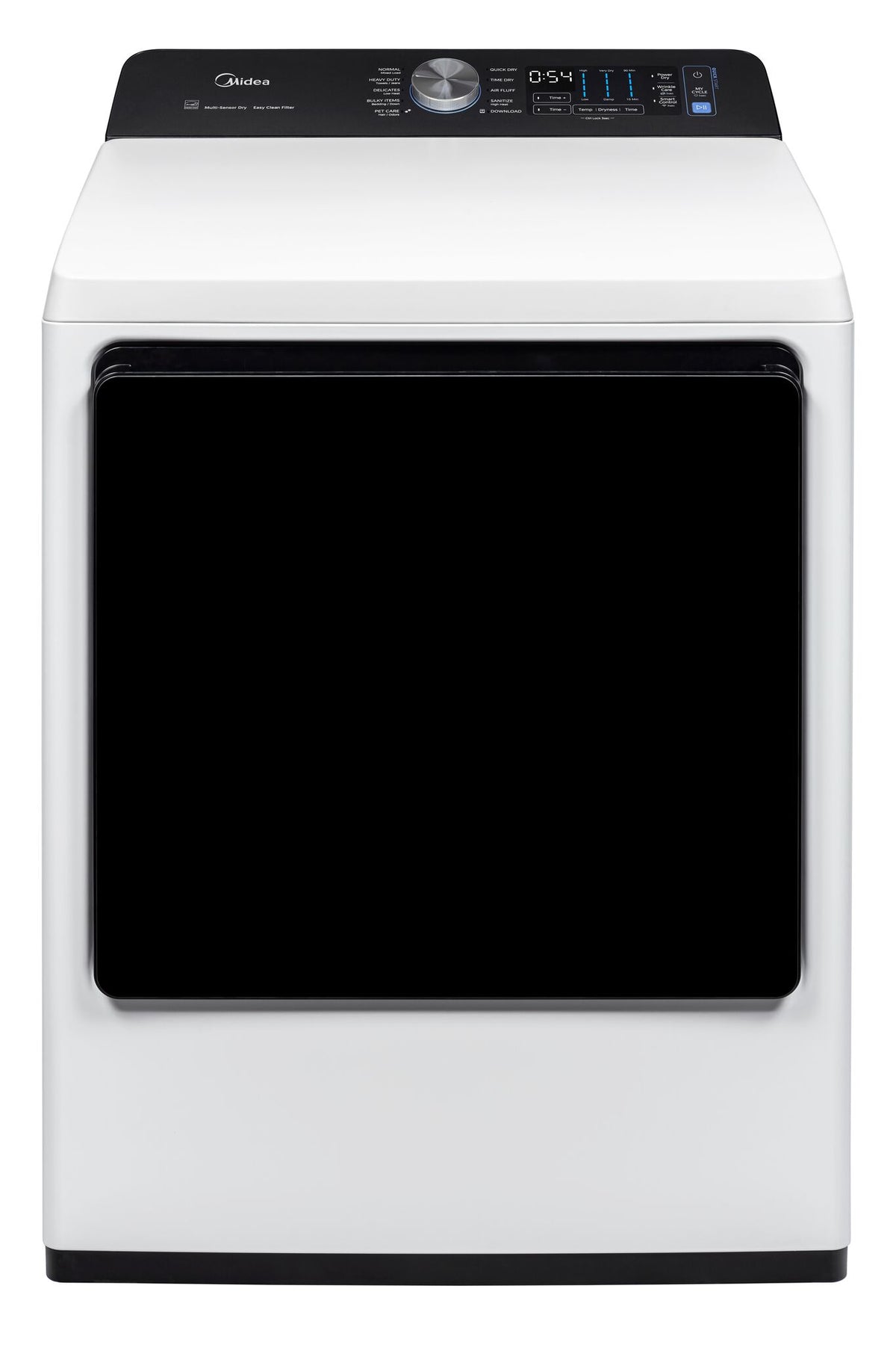 Midea MLTE61N5CWW white electric dryer with black glass door and digital controls