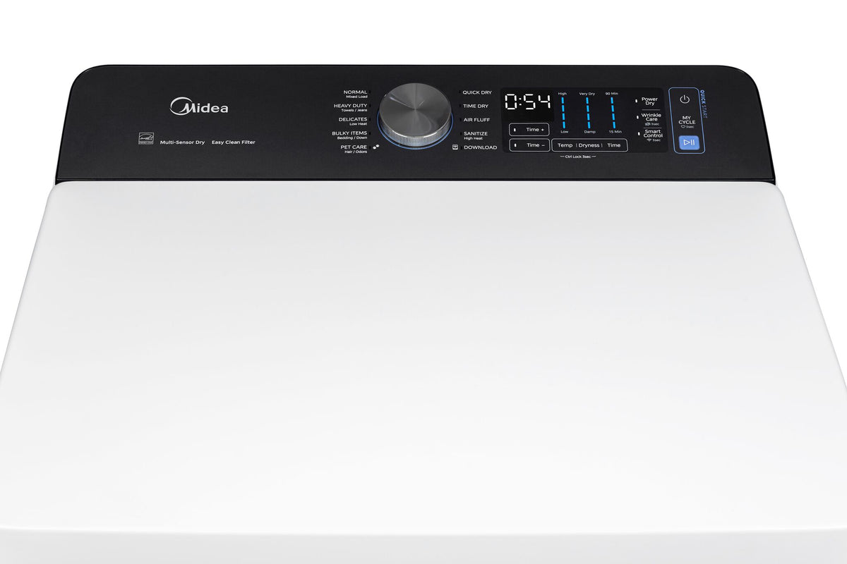 Close-up of the black control panel with cycle dial, display and drying settings