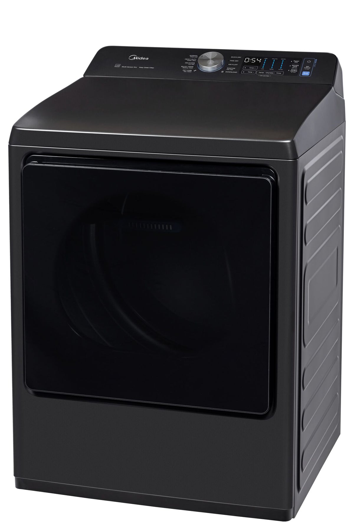 Angled view highlighting the charcoal grey finish, black door and rear controls