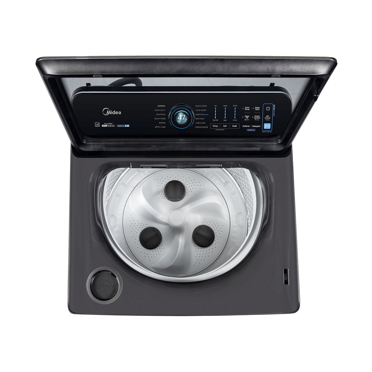 Open washer showing the stainless steel tub, impeller wash plate and glass lid