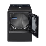 Open dryer revealing the grey drum, interior vent and black glass door