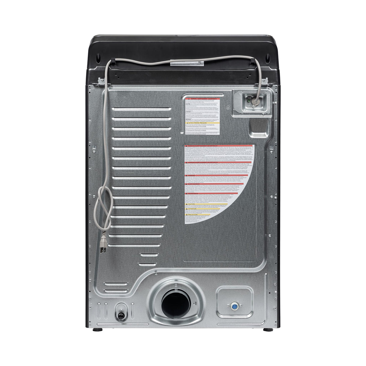 Rear view showing the metal back panel, vent outlet, power cord and connections