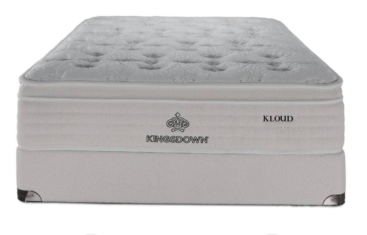 Front view of Kingsdown Atmosphere Plush Euro Top Twin XL mattress and matching beige boxspring