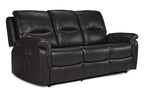 Peyton Power Reclining Sofa - Grey angled view with three cushioned seats, padded arms and leather-look upholstery
