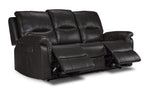 Peyton grey power reclining sofa angled view with both end footrests extended and centre seat upright