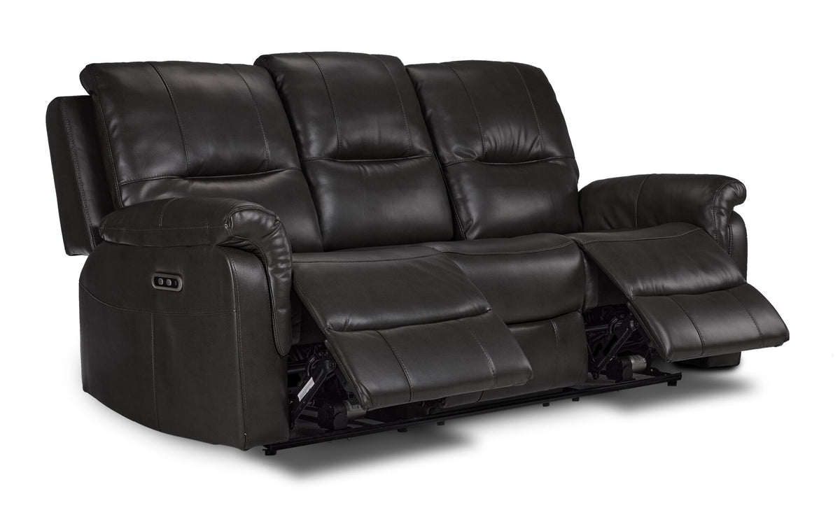 Peyton grey power reclining sofa angled view with both end footrests extended and centre seat upright