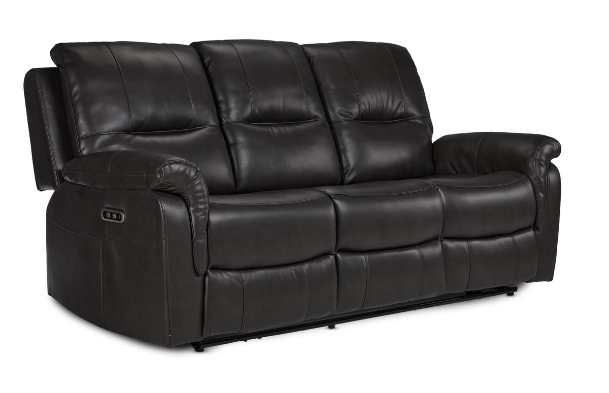 Peyton grey power reclining sofa angled view with three cushioned seats, tall padded backs and rounded arms