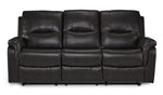 Peyton grey power reclining sofa front view with three padded seats, tall backs and clean modern lines