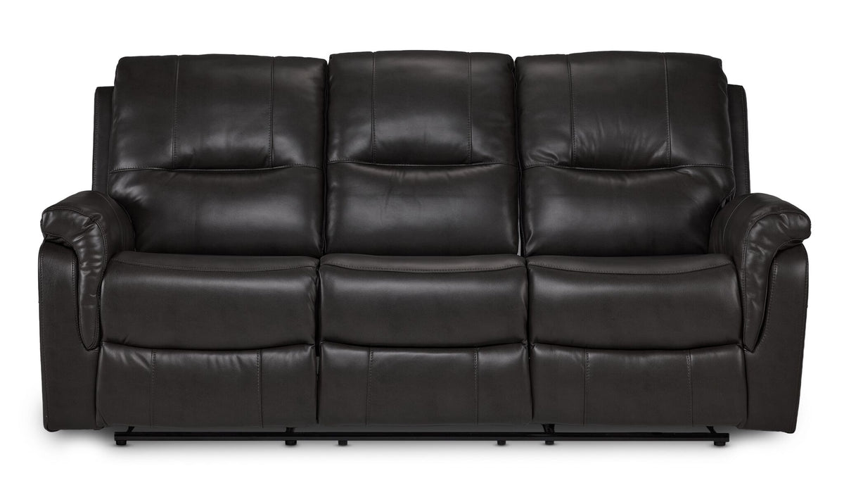 Peyton grey power reclining sofa front view with three padded seats, tall backs and clean modern lines