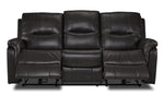 Peyton grey power reclining sofa front view with both end footrests extended and padded armrests