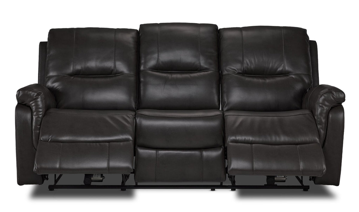 Peyton grey power reclining sofa front view with both end footrests extended and padded armrests