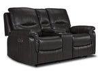 Peyton grey power reclining loveseat angled view with two cushioned seats, centre console and padded arms