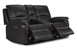 Peyton grey power reclining loveseat angled view with both footrests extended and centre console