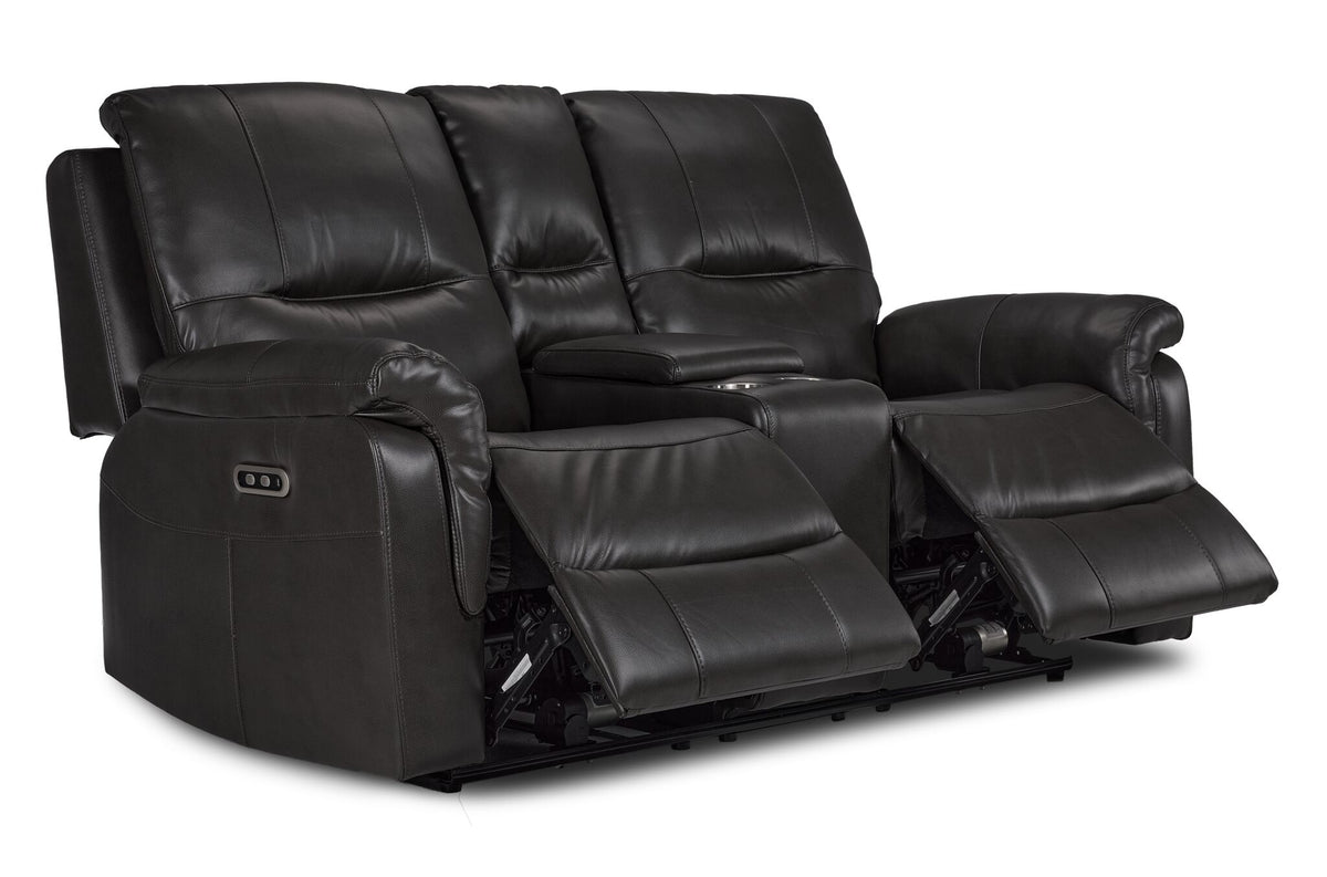 Peyton grey power reclining loveseat angled view with both footrests extended and centre console