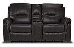 Peyton grey power reclining loveseat front view with two padded seats, tall backs and centre console