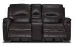 Peyton grey power reclining loveseat front view with both footrests extended and padded armrests