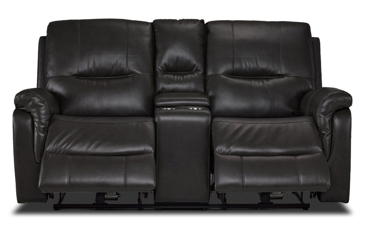 Peyton grey power reclining loveseat front view with both footrests extended and padded armrests