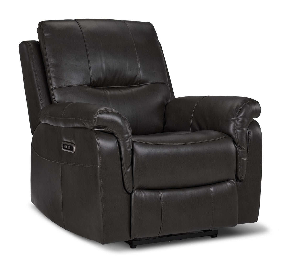 Peyton grey power recliner angled view with wide cushioned seat, tall padded back and side-mounted power controls