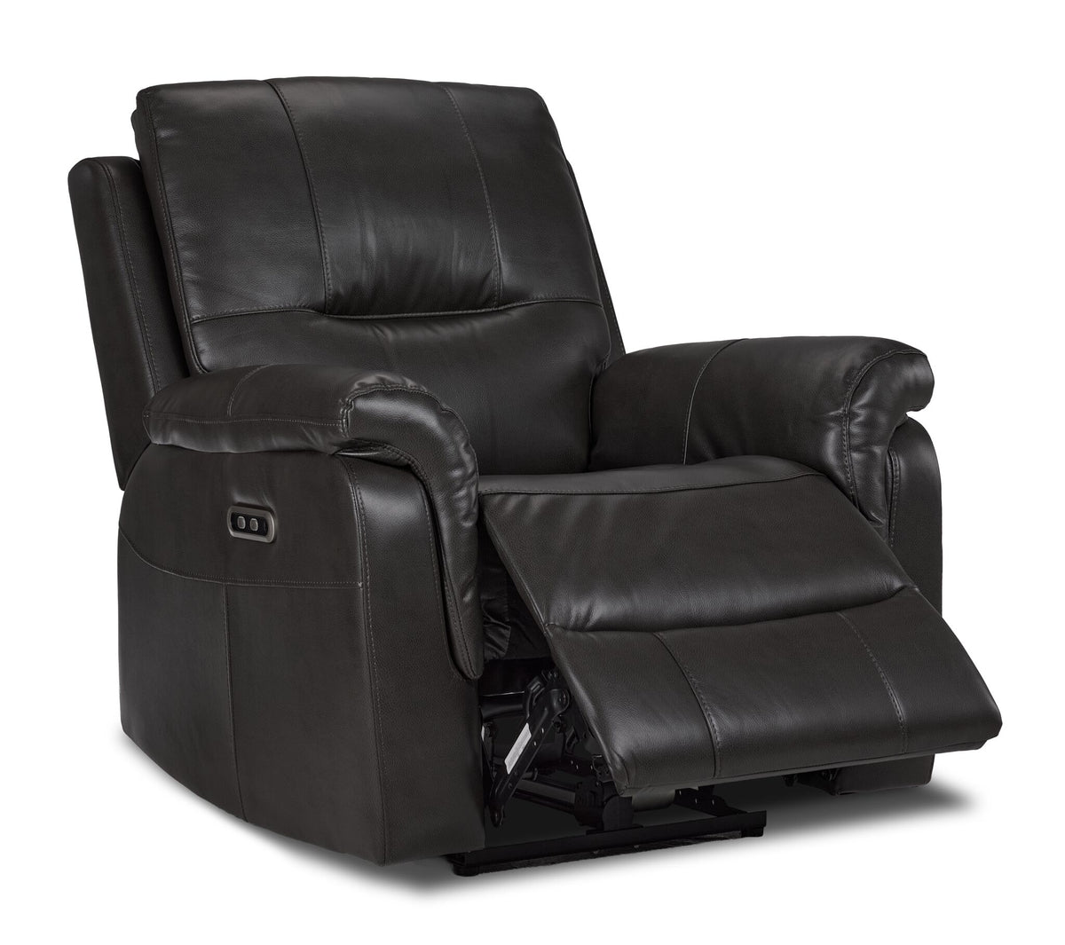 Peyton grey power recliner angled view with footrest extended and side-mounted power controls