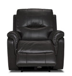 Peyton grey power recliner front view with power footrest extended and plush padded seating