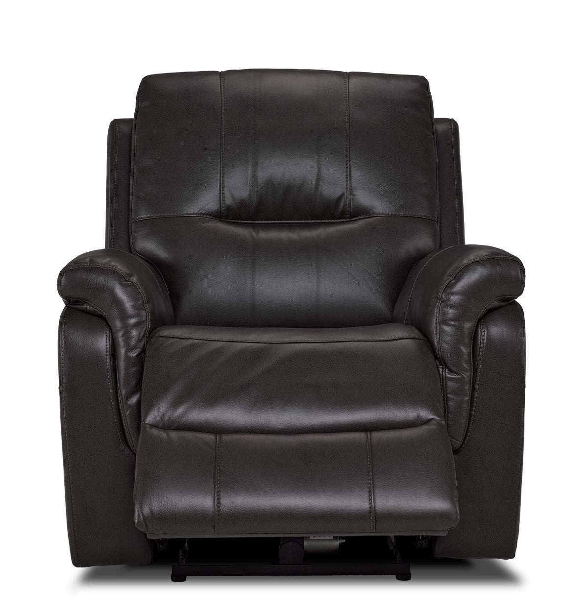 Peyton grey power recliner front view with power footrest extended and plush padded seating