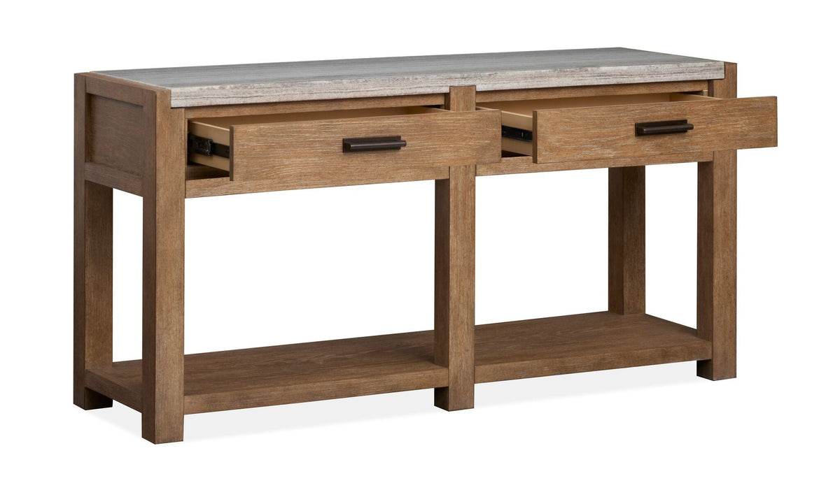 Plum Creek sofa table detail view showing Sierra Brown wood grain, drawer front and oil-rubbed bronze hardware