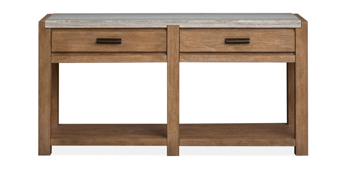 Plum Creek Sierra Brown sofa table with marble top, two storage drawers and lower fixed shelf