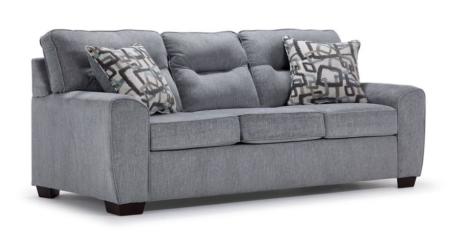 Mackay grey sofa with curved arms, three seat cushions, accent pillows and angled front view