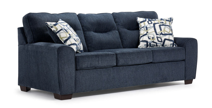 Mackay blue sofa with curved arms, three seat cushions, accent pillows and angled front view