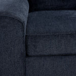 Mackay sofa close-up showing blue polyester upholstery, cushion edge and seam detail